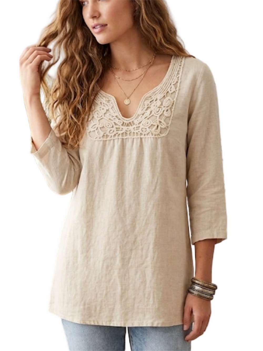 Malvin Linen Tunic Coverup Medium Lace Accent Lightweight European Resort Style
